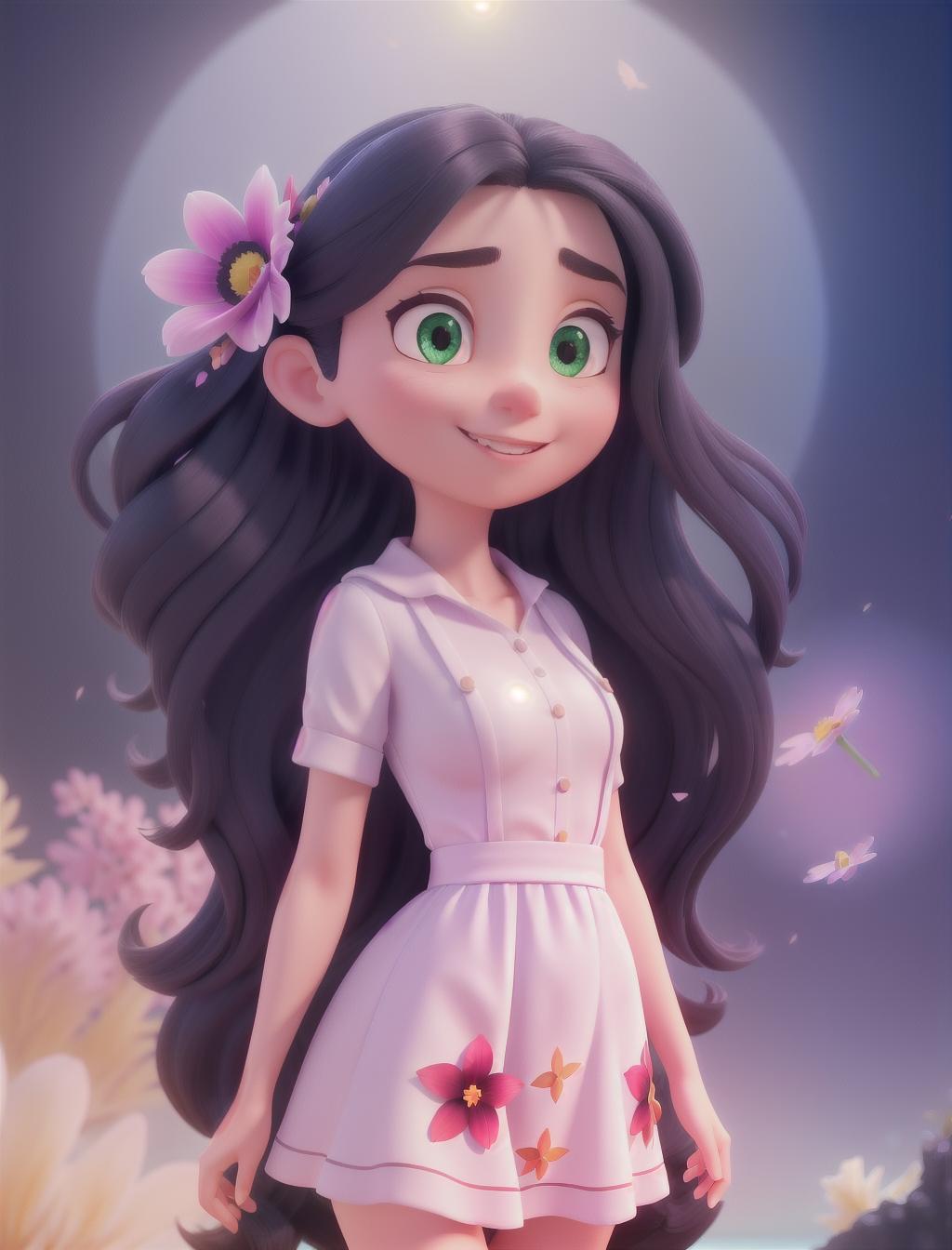  a cute girl with long black hair and a flower in her hair, a digital animation, fantasy animation, wlop pixar style, high detailed face pixar, discord profile picture, Ocean in the background, Dynamic Background hyperrealistic, full body, detailed clothing, highly detailed, cinematic lighting, stunningly beautiful, intricate, sharp focus, f/1. 8, 85mm, (centered image composition), (professionally color graded), ((bright soft diffused light)), volumetric fog, trending on instagram, trending on tumblr, HDR 4K, 8K