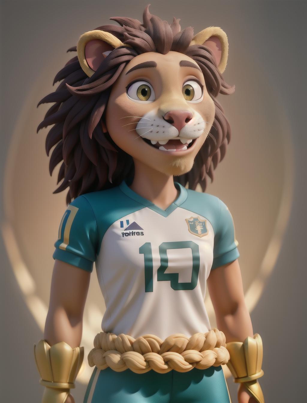  Lion smiling wearing a Philippines football jersey hyperrealistic, full body, detailed clothing, highly detailed, cinematic lighting, stunningly beautiful, intricate, sharp focus, f/1. 8, 85mm, (centered image composition), (professionally color graded), ((bright soft diffused light)), volumetric fog, trending on instagram, trending on tumblr, HDR 4K, 8K