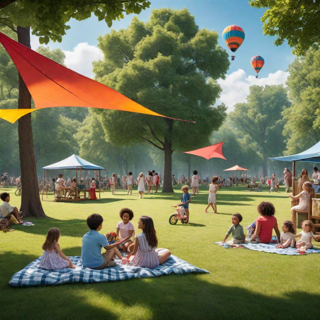  A lively scene of even more children playing in a park. The park is bustling with activity: children are on swings, slides, playing football, tag, and hide and seek. Some are flying kites, others are riding bicycles and scooters. There are picnic blankets with families enjoying snacks, trees providing shade, colorful flowers, and a bright blue sky with fluffy clouds. hyperrealistic, full body, detailed clothing, highly detailed, cinematic lighting, stunningly beautiful, intricate, sharp focus, f/1. 8, 85mm, (centered image composition), (professionally color graded), ((bright soft diffused light)), volumetric fog, trending on instagram, trending on tumblr, HDR 4K, 8K