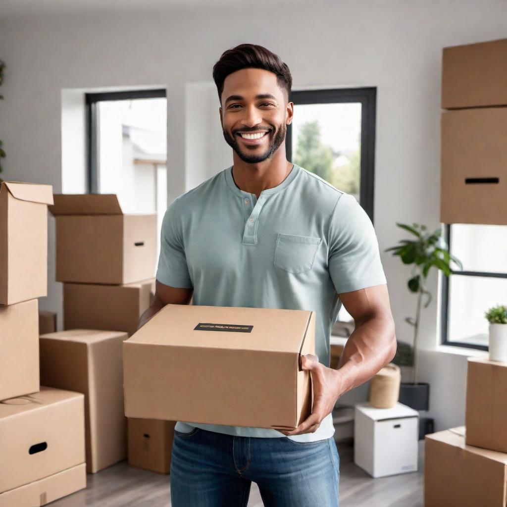  A millennial person opens the door to their home and smiles while receiving a small box package from a delivery man. The scene is warm and welcoming. The millennial is dressed casually, perhaps in jeans and a t-shirt, and stands at the doorway of a modern, cozy home. The delivery man wears a uniform and cap, holding out the small box with a friendly expression. The background shows part of the home's interior, which looks tidy and inviting. hyperrealistic, full body, detailed clothing, highly detailed, cinematic lighting, stunningly beautiful, intricate, sharp focus, f/1. 8, 85mm, (centered image composition), (professionally color graded), ((bright soft diffused light)), volumetric fog, trending on instagram, trending on tumblr, HDR 4K, 8K