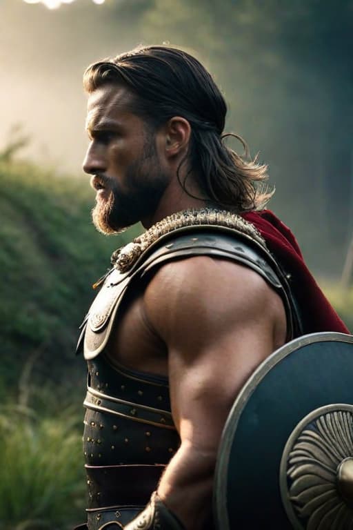  Side View of a Roman Warrior wearing a shield on his back,Overgrown,mystic,ethereal,darkness,muscular,spartan,more impressive beard,extreme detailed and ornamented armor,black armor,gold ornament, atmospheric haze,Film grain,cinematic film still,shallow depth of field,highly detailed,high budget,cinemascope,moody,epic,OverallDetail,2000s vintage RAW photo,photorealistic,candid camera,color graded cinematic,eye catchlights,atmospheric lighting,imperfections,natural,shallow dof,dynamic angle,full body,<lora:RMSDXL Darkness Cinema:0.8>,<lora:RMSDXL Enhance:0.8>,, high resolution,extreme detail hyperrealistic, full body, detailed clothing, highly detailed, cinematic lighting, stunningly beautiful, intricate, sharp focus, f/1. 8, 85mm, (centered image composition), (professionally color graded), ((bright soft diffused light)), volumetric fog, trending on instagram, trending on tumblr, HDR 4K, 8K