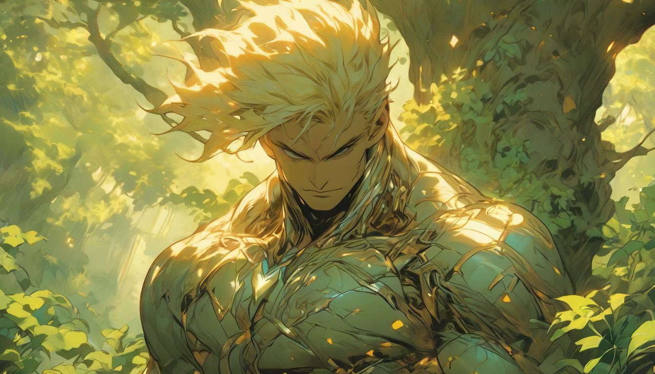  hyperrealism,fantasy aesthetic1man, attractive blonde arian male humanoid, leaning against a tree, connected to nature, roots and energy lines visible, serene and meditative mood, high tech clothing clad in sleek, futuristic costume with metallic accents and form fitting designs, marvel superhero comics style, unreal engine rendering