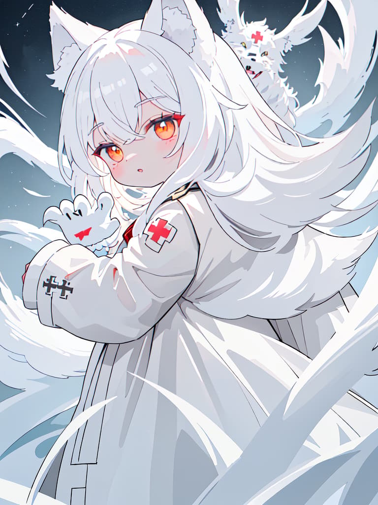  ((white fluffy werewolf only、anthropomorphic wolf only、1 man with the head of a wolf))、claw hands、from behind、looking back:1.2、(white trench coat with a red cross pattern on the back:1.2)、in dark night field、best quality:1.4、masterpiece:1.4、ultra detailed texture、RAW photorealistic、absurd resolution、8K illustration、💩、💩、💩、💩、💩、, masterpiece, best quality,8k,ultra detailed,high resolution,an extremely delicate and beautiful,hyper detail