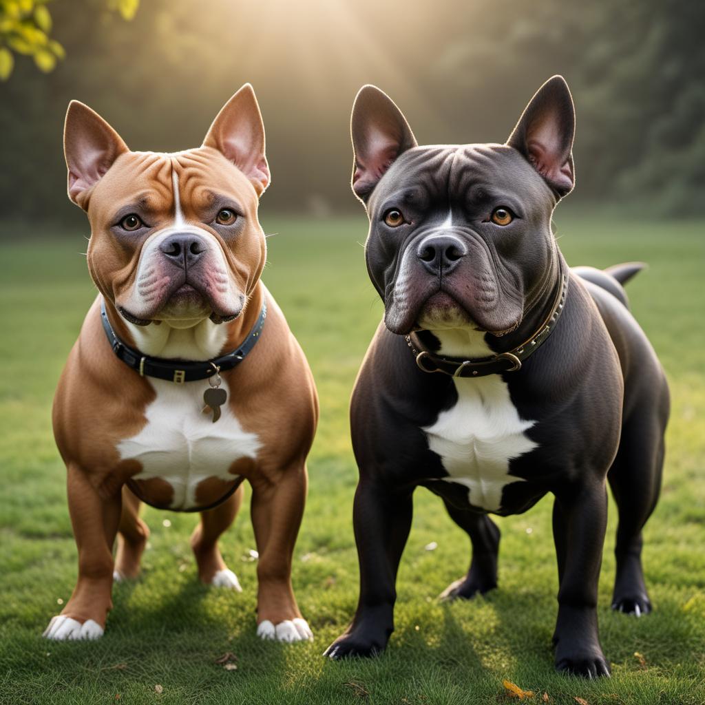  An image of a male American Bully dog named Enzo and a female American Bully dog named Sally playing together joyfully, showcasing their strong bond and love for each other. The image should capture the essence of their playful interaction and friendship. hyperrealistic, full body, detailed clothing, highly detailed, cinematic lighting, stunningly beautiful, intricate, sharp focus, f/1. 8, 85mm, (centered image composition), (professionally color graded), ((bright soft diffused light)), volumetric fog, trending on instagram, trending on tumblr, HDR 4K, 8K