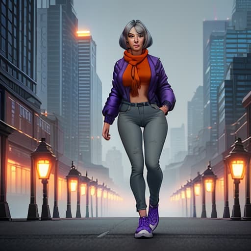  A beautiful girl with gray hair in a bob cut, in blue jeans, a purple jacket, orange sneakers, an orange scarf, walks through the evening city while a streetlamp shines, windows glow, skyscrapers at night. hyperrealistic, full body, detailed clothing, highly detailed, cinematic lighting, stunningly beautiful, intricate, sharp focus, f/1. 8, 85mm, (centered image composition), (professionally color graded), ((bright soft diffused light)), volumetric fog, trending on instagram, trending on tumblr, HDR 4K, 8K