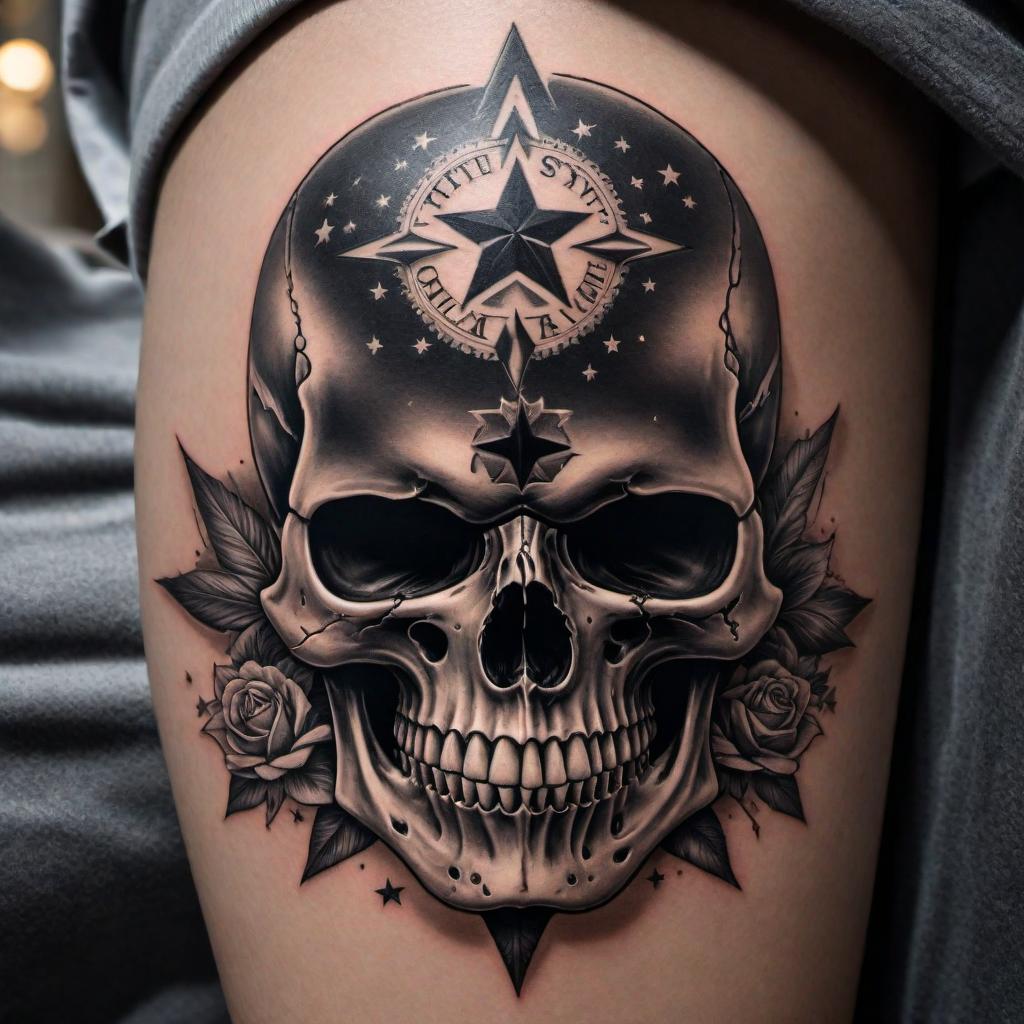  Create an image of a skull head with a star tattooed under the left eye. Include the text 'TATSBYPHAT' on top of the skull head and the numbers '672 9997444' underneath. hyperrealistic, full body, detailed clothing, highly detailed, cinematic lighting, stunningly beautiful, intricate, sharp focus, f/1. 8, 85mm, (centered image composition), (professionally color graded), ((bright soft diffused light)), volumetric fog, trending on instagram, trending on tumblr, HDR 4K, 8K