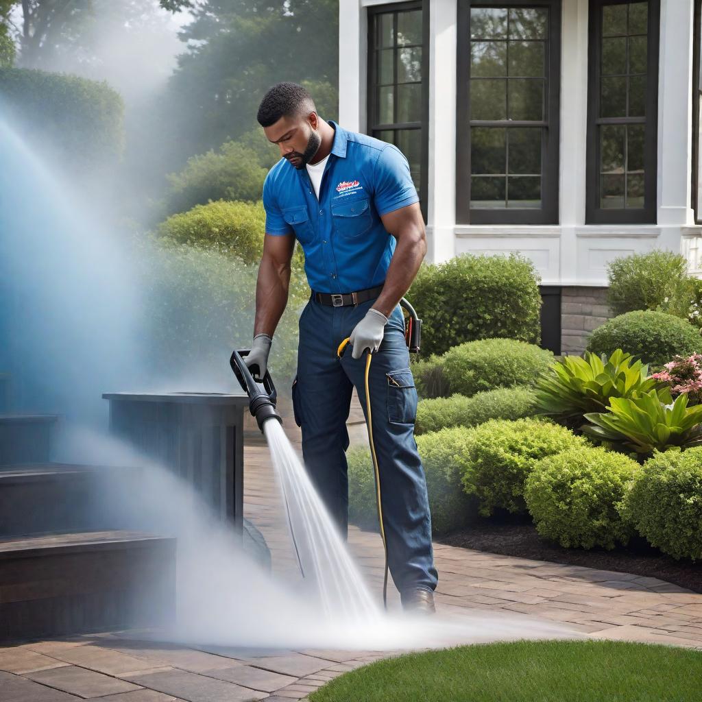  Design an advertisement for a pressure washing company. The ad should feature a high-pressure washer in action, cleaning a dirty surface to sparkling clean. Include the company name, a catchy tagline like 'Blast Away the Grime!', and contact information. Highlight the services offered, such as residential and commercial pressure washing. Use bright, clean colors like blue and white to convey cleanliness and freshness. Make the ad visually appealing and easy to read. hyperrealistic, full body, detailed clothing, highly detailed, cinematic lighting, stunningly beautiful, intricate, sharp focus, f/1. 8, 85mm, (centered image composition), (professionally color graded), ((bright soft diffused light)), volumetric fog, trending on instagram, trending on tumblr, HDR 4K, 8K