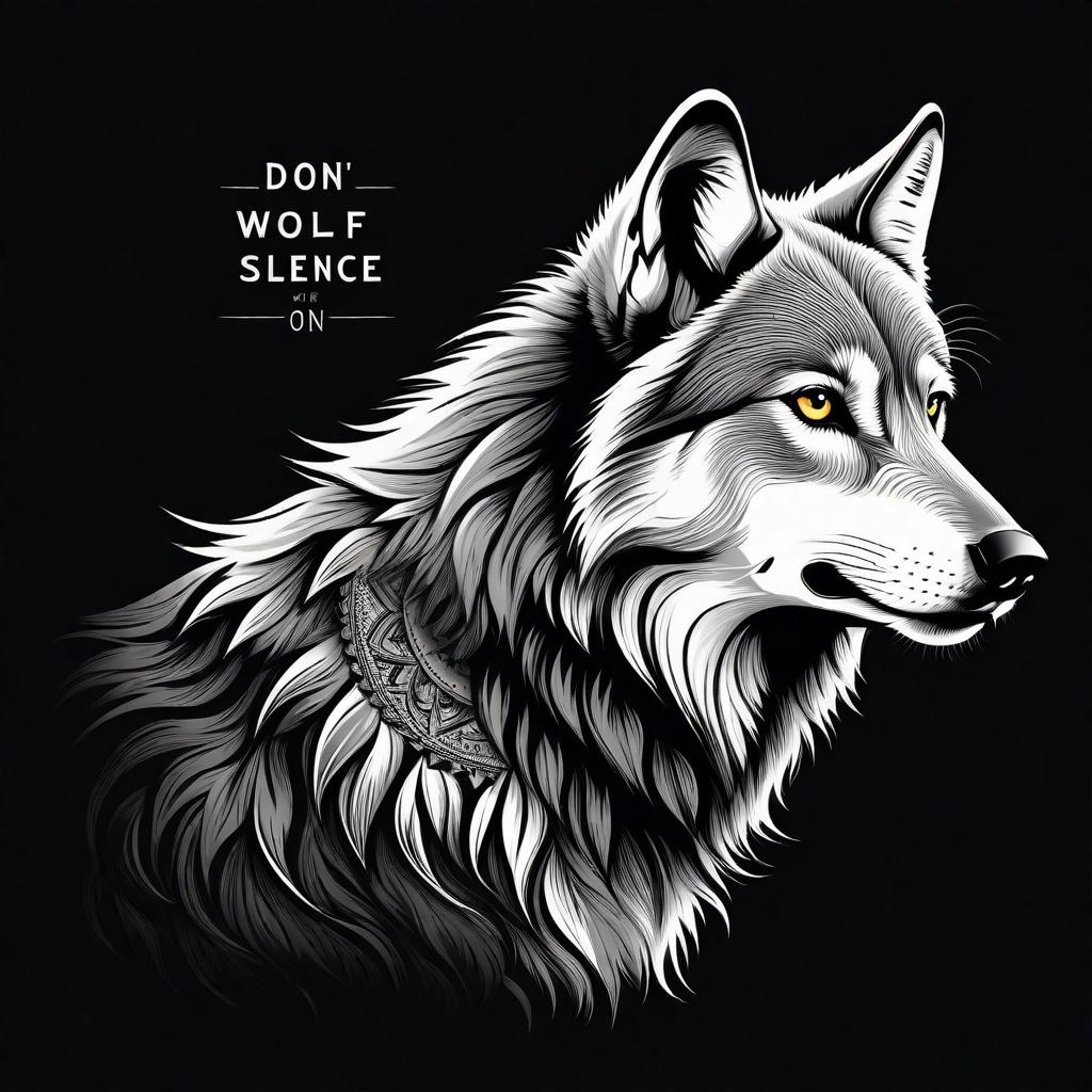  A captivating black and white line art illustration features a wolf in a fierce profile, with one piercing eye gazing intensely from the darkness. The wolf's mane seamlessly blends into the solid black background, creating a sense of mystery and enigma. In contrast, the other half of the design boldly displays striking text in a modern font, proclaiming "DON'T MISTAKE SILENCE FOR WEAKNESS." This bold and elegant t shirt design print conveys a powerful message of inner strength, resilience, and the idea that true power can be found in quiet determination.