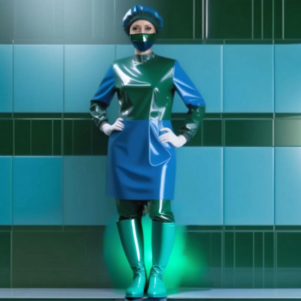  woman surgeon, glossy latex two colors, standing, operating room shoes, matching, high surgical shoe covers knee high with ribbon ties, the lower half from sole to ankle, from glossy latex dark blue, the upper half from ankle to knee, from glossy latex dark green, flat soled, without heels, front view, full face, full length hyperrealistic, full body, detailed clothing, highly detailed, cinematic lighting, stunningly beautiful, intricate, sharp focus, f/1. 8, 85mm, (centered image composition), (professionally color graded), ((bright soft diffused light)), volumetric fog, trending on instagram, trending on tumblr, HDR 4K, 8K