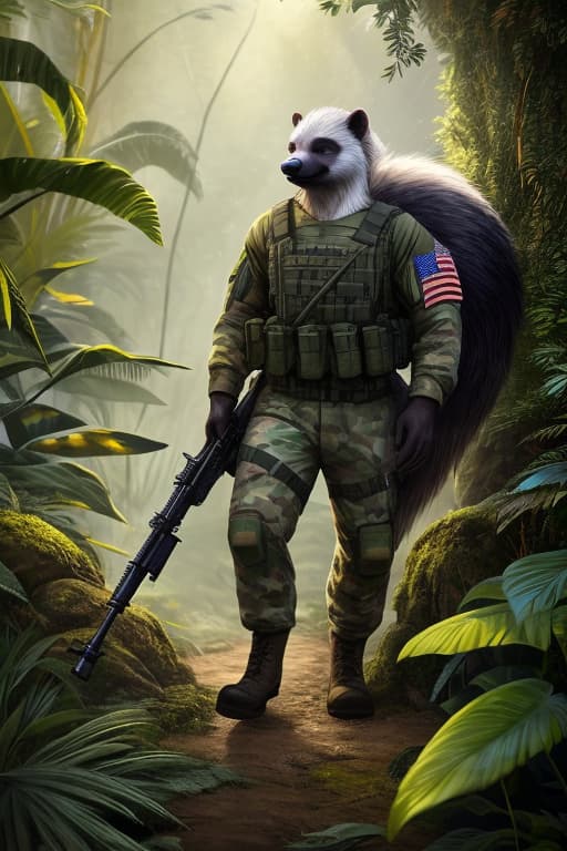  A male military honey badger strides through the dense jungle, its powerful frame navigating the thick undergrowth with ease. Dressed in rugged military gear, the honey badger's shoulder proudly displays an American flag patch, a symbol of its bravery and allegiance. The foliage parts before him as he advances, every step embodying determination and strength in the heart of the wild. In his hands he carries a sniper rifle hyperrealistic, full body, detailed clothing, highly detailed, cinematic lighting, stunningly beautiful, intricate, sharp focus, f/1. 8, 85mm, (centered image composition), (professionally color graded), ((bright soft diffused light)), volumetric fog, trending on instagram, trending on tumblr, HDR 4K, 8K
