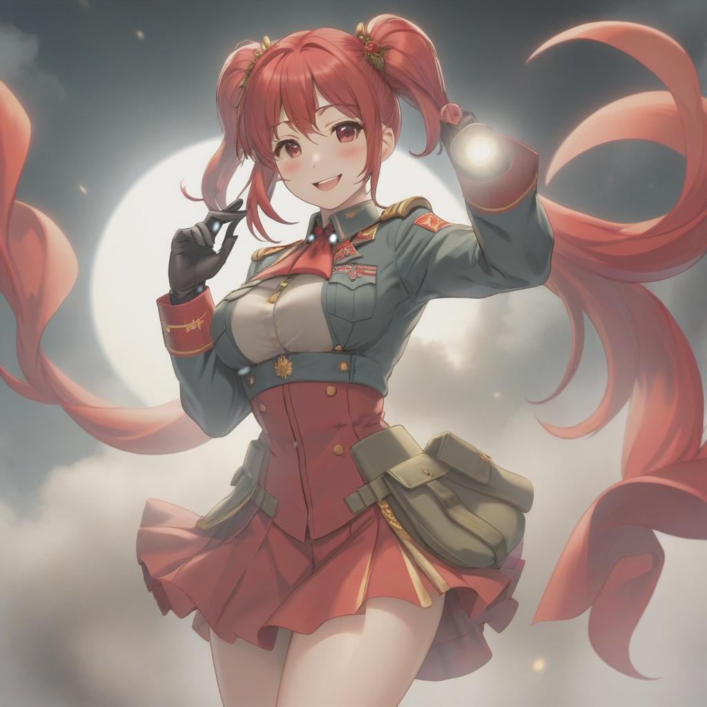  solo, in soviet union military uniform, shy, wide smile, one big fang, red pigtails, red , full body, salute, strong wind pushing up , flashing panty hyperrealistic, full body, detailed clothing, highly detailed, cinematic lighting, stunningly beautiful, intricate, sharp focus, f/1. 8, 85mm, (centered image composition), (professionally color graded), ((bright soft diffused light)), volumetric fog, trending on instagram, trending on tumblr, HDR 4K, 8K