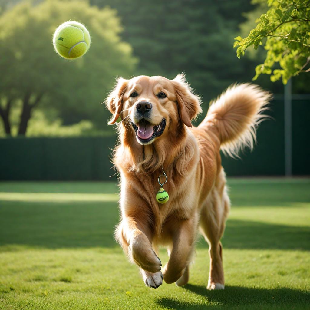  An image of a happy golden retriever playing with a tennis ball in a green grassy park on a sunny day. hyperrealistic, full body, detailed clothing, highly detailed, cinematic lighting, stunningly beautiful, intricate, sharp focus, f/1. 8, 85mm, (centered image composition), (professionally color graded), ((bright soft diffused light)), volumetric fog, trending on instagram, trending on tumblr, HDR 4K, 8K