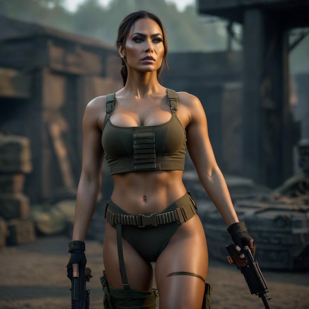  Woman soldier, bare chested, expressive, menacing gaze. hyperrealistic, full body, detailed clothing, highly detailed, cinematic lighting, stunningly beautiful, intricate, sharp focus, f/1. 8, 85mm, (centered image composition), (professionally color graded), ((bright soft diffused light)), volumetric fog, trending on instagram, trending on tumblr, HDR 4K, 8K