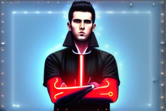 mdjrny-v4 style Anime style portrait of a young man with short, spiky black hair and blue eyes. He is wearing a black jacket over a white shirt, paired with dark jeans and combat boots. The background features an urban cityscape at dusk, illuminated by neon lights. Detailed and expressive, with a confident and determined look.