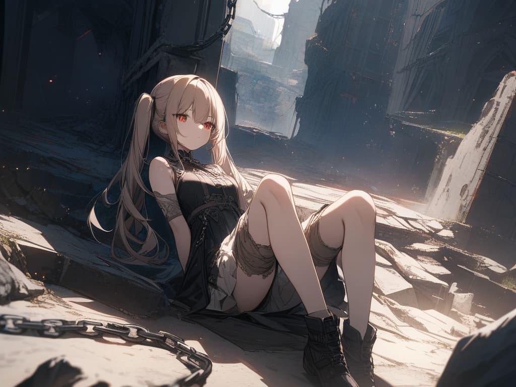  Hair colored beige, twin tails, black ribbon on hair, stars, light, sitting, red eyes, ruins, chains, masterpiece, best quality,8k,ultra detailed,high resolution,an extremely delicate and beautiful,hyper detail