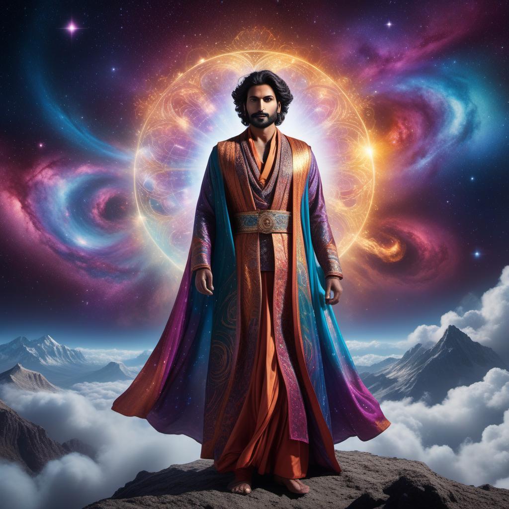  Art of Narinder Thal traveling through the soul universe. He is depicted as a heroic figure floating majestically among ethereal, glowing souls, with vibrant colors and a dream-like atmosphere. The background features swirling galaxies, stars, and mystical energies that give a sense of wonder and adventure. Narinder Thal should have a determined expression, wearing a flowing robe that moves with the cosmic winds. hyperrealistic, full body, detailed clothing, highly detailed, cinematic lighting, stunningly beautiful, intricate, sharp focus, f/1. 8, 85mm, (centered image composition), (professionally color graded), ((bright soft diffused light)), volumetric fog, trending on instagram, trending on tumblr, HDR 4K, 8K