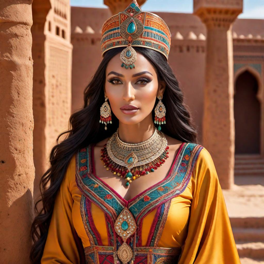  A traditional Queen from southern Morocco, adorned in cultural attire with vibrant, colorful fabrics featuring intricate patterns and ornaments. She wears an elaborate headdress with traditional Moroccan designs, decorated with gemstones and possibly feathers. The backdrop includes elements of southern Moroccan architecture and landscapes, such as adobe buildings, desert scenery, or local flora. hyperrealistic, full body, detailed clothing, highly detailed, cinematic lighting, stunningly beautiful, intricate, sharp focus, f/1. 8, 85mm, (centered image composition), (professionally color graded), ((bright soft diffused light)), volumetric fog, trending on instagram, trending on tumblr, HDR 4K, 8K