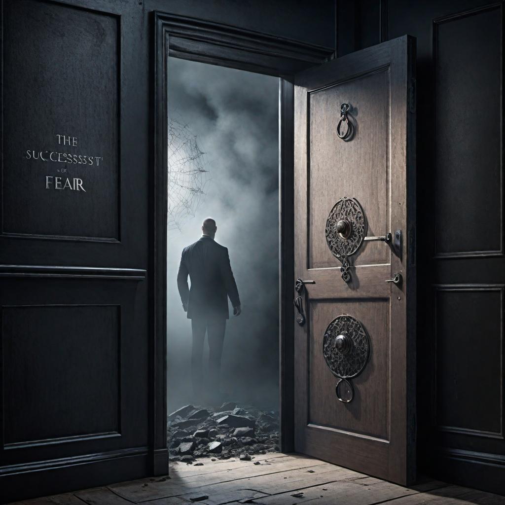  An illustration depicting the contrast between two doors representing choices of fear and success, with detailed and real emotions and words attached to the image: 1. **Fear Door** - Scene: A door labeled 'Fear' at the top. A person stands in front, appearing visibly anxious with a worried look on their face, sweating and biting their nails. - Mood: Fear, anxiety, hesitation. - Thought Bubbles: 'What if I fail?', 'I'm not ready.', 'It's too risky.' - Visual Elements: The door is dark and ominous, with shadowy figures behind it, cobwebs, and a faintly visible cracked door frame symbolizing neglect and apprehension. - Words displayed at the door: 'Fear' 2. **Success Door** - Scene: A door labeled 'Success' at the top. A determined and hopef hyperrealistic, full body, detailed clothing, highly detailed, cinematic lighting, stunningly beautiful, intricate, sharp focus, f/1. 8, 85mm, (centered image composition), (professionally color graded), ((bright soft diffused light)), volumetric fog, trending on instagram, trending on tumblr, HDR 4K, 8K