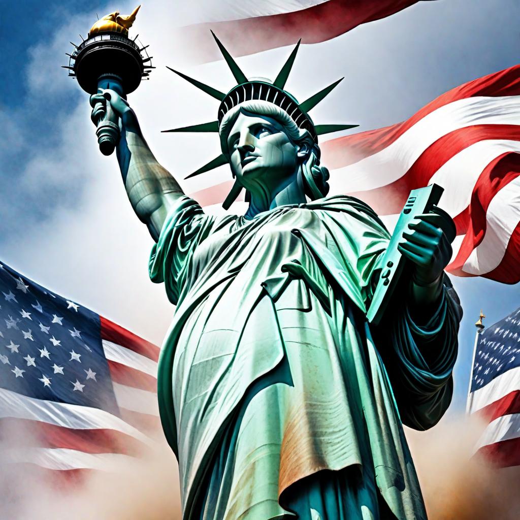  Create a watercolor digital painting of the Statue of Liberty with the American flag waving in the background. The Statue of Liberty should be detailed and prominent in the foreground, capturing its iconic features. The American flag should be artistically rendered in the background, with its colors blending softly in a watercolor style. The overall image should have a delicate and artistic watercolor effect, with soft, pastel tones and splashes to enhance the dreamy and patriotic feel. hyperrealistic, full body, detailed clothing, highly detailed, cinematic lighting, stunningly beautiful, intricate, sharp focus, f/1. 8, 85mm, (centered image composition), (professionally color graded), ((bright soft diffused light)), volumetric fog, trending on instagram, trending on tumblr, HDR 4K, 8K