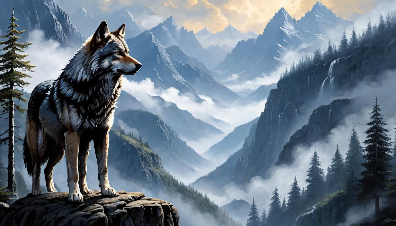  （surrealism)A regal wolf standing at a vantage point overlooking a valley, backdrop of mountains and forests, elements of grandeur, purpose mystic, intricate details, best quality)