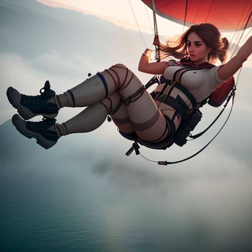  The girl is flying on a parachute tied to a boat at sea. One of the girl's legs is in a cast. hyperrealistic, full body, detailed clothing, highly detailed, cinematic lighting, stunningly beautiful, intricate, sharp focus, f/1. 8, 85mm, (centered image composition), (professionally color graded), ((bright soft diffused light)), volumetric fog, trending on instagram, trending on tumblr, HDR 4K, 8K