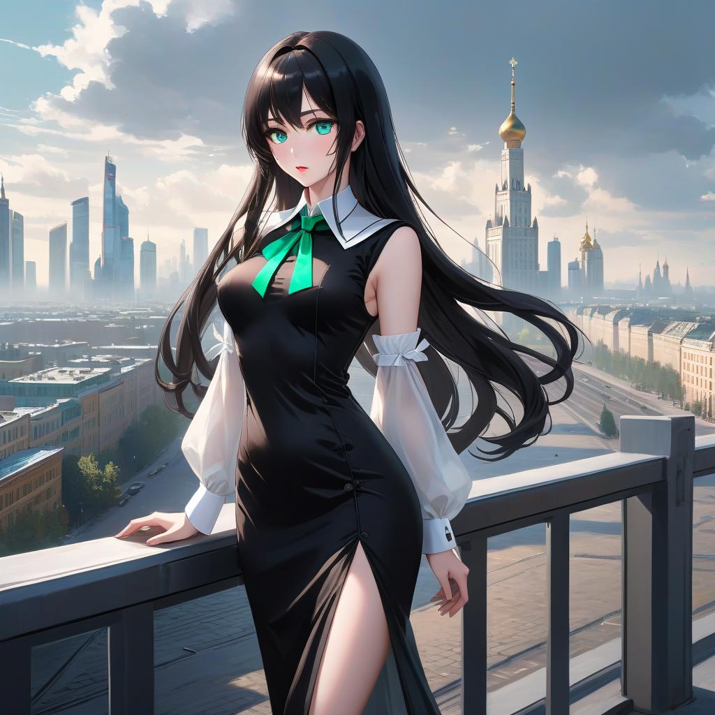  anime artwork beautiful , , white skinned, European, blue eyes, long brown straight hair, slender figure, small neat s, dressed in a black dress with a white collar and white cuffs, full length, against the backdrop of a modern city. Skyscrs of Moscow City (photorealism, oil painting: 1.3), (full length shot: 1.3), charming , long flowing black hair, (large sensual mouth: 1.2), plump lips, sparkling emerald eyes , narrow waist, (sensual drawing: 1.2), silvery glow, ethereal aura, detailed brushwork, intricate shadows and highlights, mysterious and captivating expression, unique color palette, masterful use of light and shadow, captivating atmosphere, pure emotion, intense gaze, dynamic composition. small hyperrealistic, full body, detailed clothing, highly detailed, cinematic lighting, stunningly beautiful, intricate, sharp focus, f/1. 8, 85mm, (centered image composition), (professionally color graded), ((bright soft diffused light)), volumetric fog, trending on instagram, trending on tumblr, HDR 4K, 8K