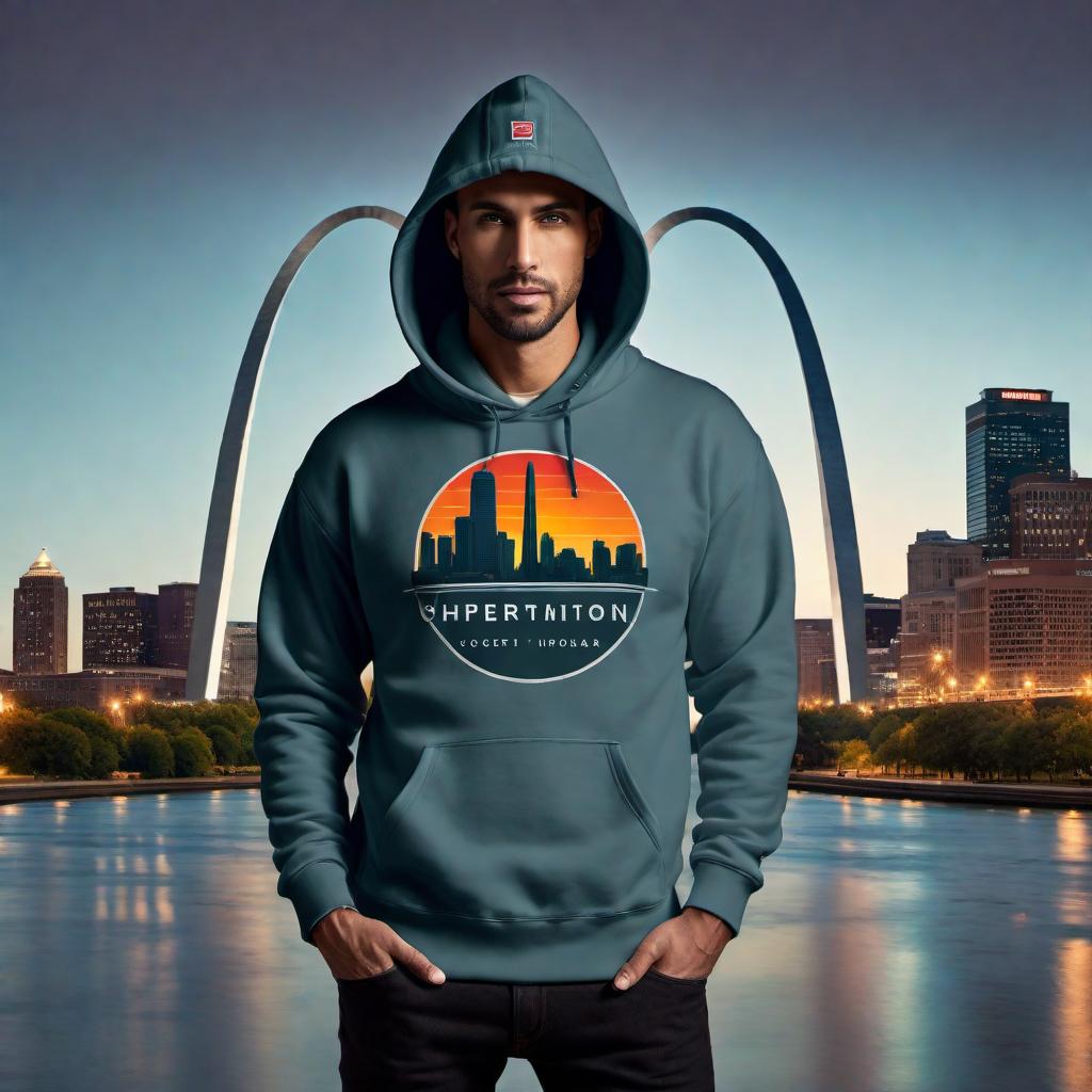  A hoodie logo for a real solid and genuine dude who lives in St. Louis, MO. The design should reflect the city's spirit with elements like the Gateway Arch and iconic elements that represent a rugged, authentic, and reliable personality. Incorporate a hustler theme with elements that convey hustle, resilience, and street-smart determination. The design should be original, stylish, and modern, fitting well on a hoodie, with a blend of bold and subtle colors. hyperrealistic, full body, detailed clothing, highly detailed, cinematic lighting, stunningly beautiful, intricate, sharp focus, f/1. 8, 85mm, (centered image composition), (professionally color graded), ((bright soft diffused light)), volumetric fog, trending on instagram, trending on tumblr, HDR 4K, 8K