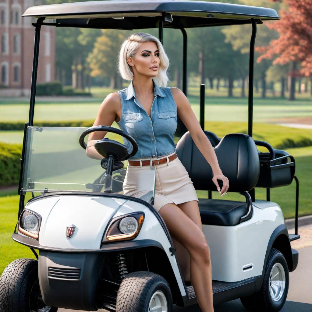  A picture of a white ska girl with a side cut hairstyle, shaved on one side of her head, joyfully driving a golf cart on a college campus. hyperrealistic, full body, detailed clothing, highly detailed, cinematic lighting, stunningly beautiful, intricate, sharp focus, f/1. 8, 85mm, (centered image composition), (professionally color graded), ((bright soft diffused light)), volumetric fog, trending on instagram, trending on tumblr, HDR 4K, 8K