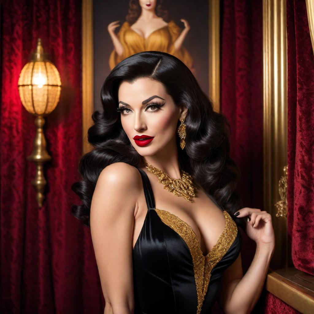  A stunning burlesque dancer in the style of Betty Paige and Norma Jean, with a snarl Mona Lisa smile on her face. She has wavy dark hair, red lipstick, and is dressed in a glamorous black and gold outfit. The background features a vintage keyhole, adding an air of mystery and allure. The scene is set in a 1950s vintage nightclub, with velvet curtains and dim, warm lighting. hyperrealistic, full body, detailed clothing, highly detailed, cinematic lighting, stunningly beautiful, intricate, sharp focus, f/1. 8, 85mm, (centered image composition), (professionally color graded), ((bright soft diffused light)), volumetric fog, trending on instagram, trending on tumblr, HDR 4K, 8K