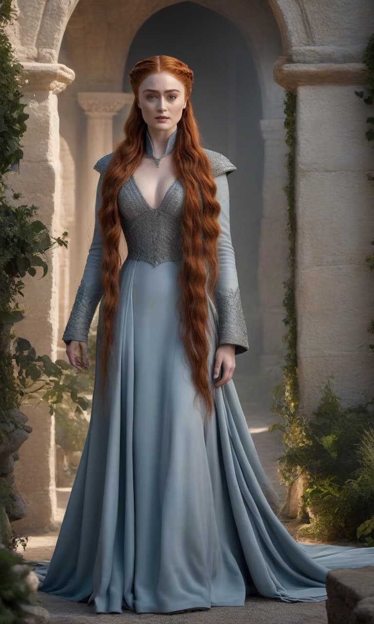  "Game of Thrones: Sansa Stark in Full Height" hyperrealistic, full body, detailed clothing, highly detailed, cinematic lighting, stunningly beautiful, intricate, sharp focus, f/1. 8, 85mm, (centered image composition), (professionally color graded), ((bright soft diffused light)), volumetric fog, trending on instagram, trending on tumblr, HDR 4K, 8K