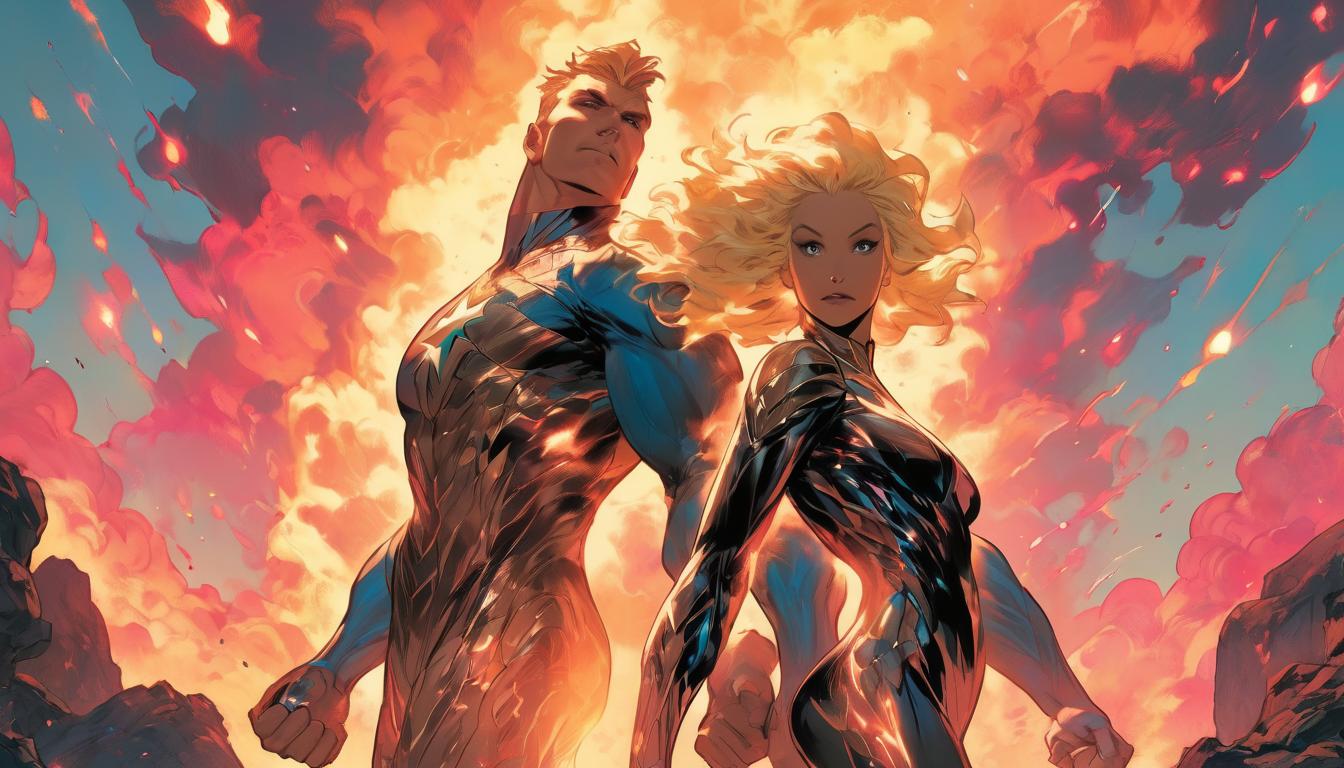  hyperrealism,fantasy aesthetic1woman1man, large busted attractive blonde arian female humanoid and attractive blonde arian male humanoid, standing on a hilltop with arms raised, cosmic energies flowing into earth, vibrant light, transformative and powerful atmosphere, high tech clothing clad in sleek, futuristic costume with metallic accents and form fitting designs, marvel superhero comics style, unreal engine rendering