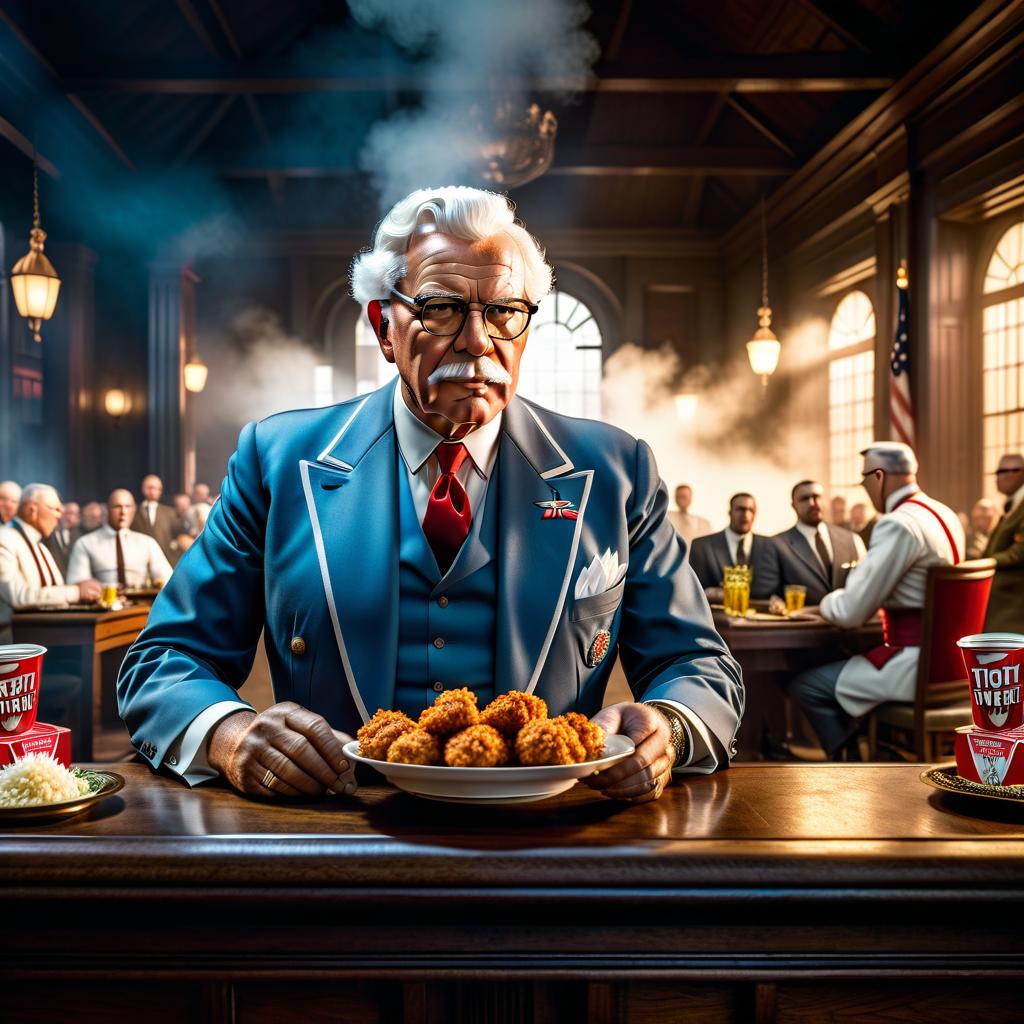  Portrait of the leading political role playing game world crisis 1942, a man who is like the secret government of the world, Colonel Sanders kfc hyperrealistic, full body, detailed clothing, highly detailed, cinematic lighting, stunningly beautiful, intricate, sharp focus, f/1. 8, 85mm, (centered image composition), (professionally color graded), ((bright soft diffused light)), volumetric fog, trending on instagram, trending on tumblr, HDR 4K, 8K