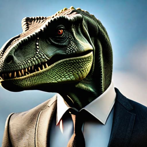  Dinosaur with Suit hyperrealistic, full body, detailed clothing, highly detailed, cinematic lighting, stunningly beautiful, intricate, sharp focus, f/1. 8, 85mm, (centered image composition), (professionally color graded), ((bright soft diffused light)), volumetric fog, trending on instagram, trending on tumblr, HDR 4K, 8K