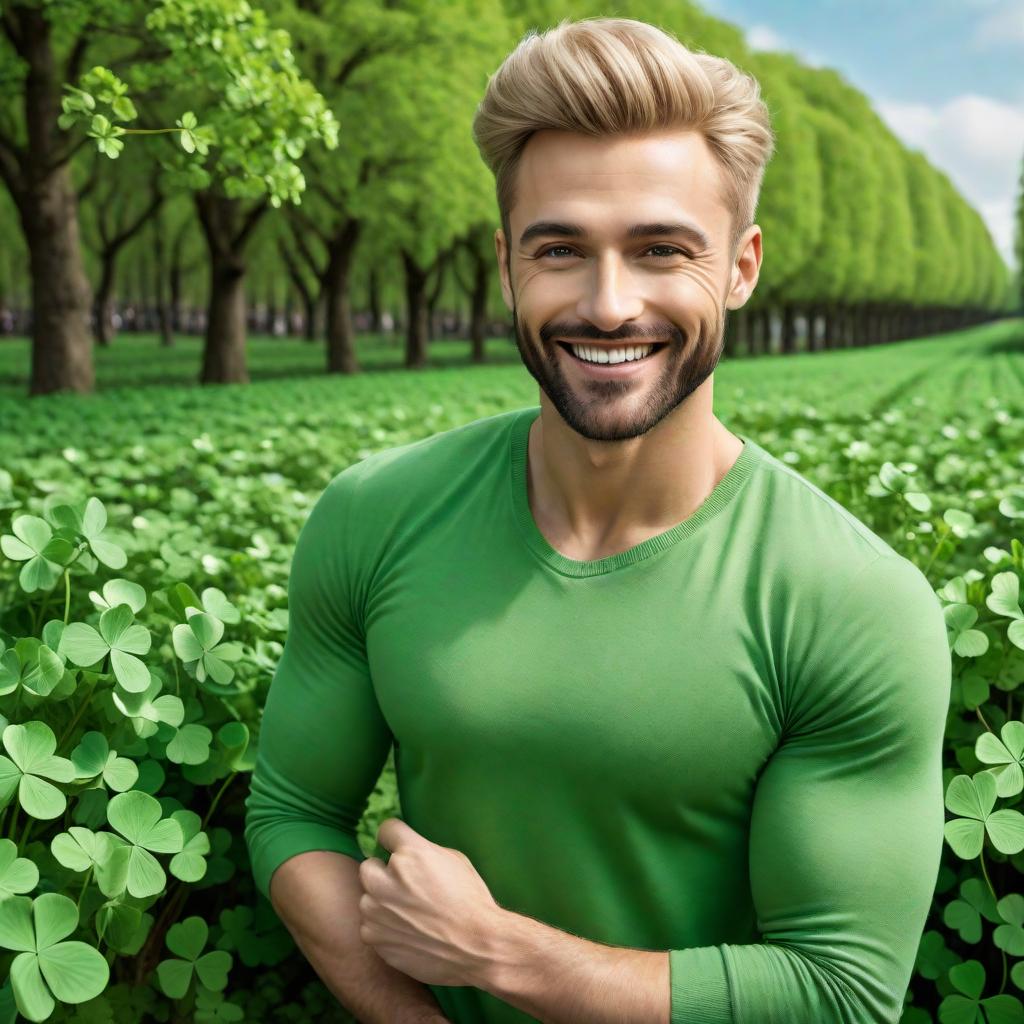  A fair-skinned male with shamrocks in the background. The man is smiling and has light hair. The background is filled with vibrant green shamrocks, giving a lively and cheerful atmosphere, as if celebrating St. Patrick's Day. hyperrealistic, full body, detailed clothing, highly detailed, cinematic lighting, stunningly beautiful, intricate, sharp focus, f/1. 8, 85mm, (centered image composition), (professionally color graded), ((bright soft diffused light)), volumetric fog, trending on instagram, trending on tumblr, HDR 4K, 8K