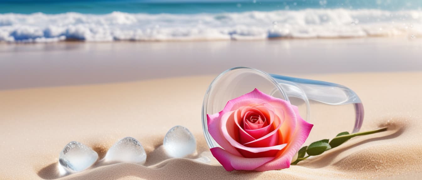  Macro Photography, Beach summer panoramic background with Rose flower on the cristal sand and glory water, close up, macro 100mm, macro photography