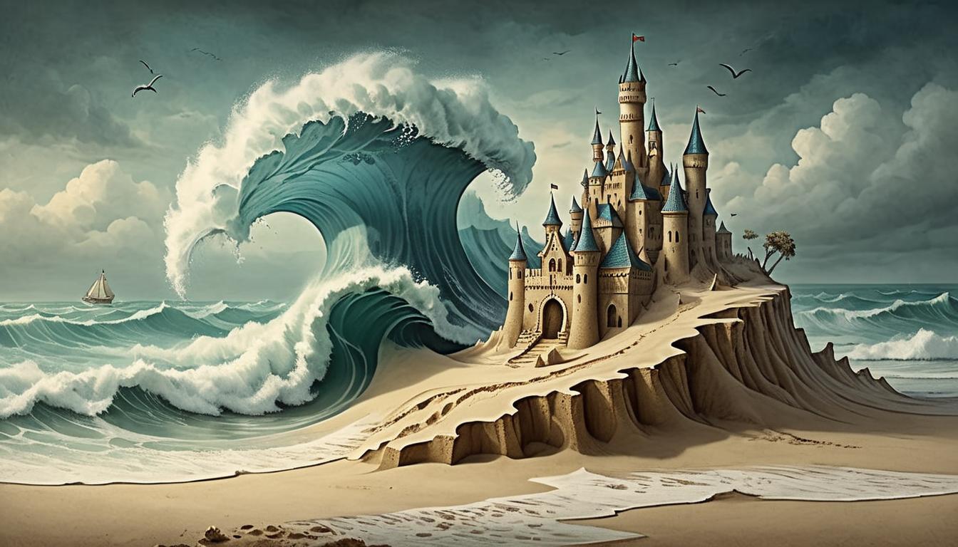  on parchment, surrealism+++, ocean wave eroding a sandcastle, symbols of confidence and self esteem, restless and churning waves, feeling of constant erosion, somber and reflective(mysterious, provocative, symbolic,muted color)+++