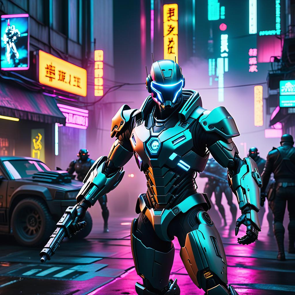  cyberpunk game style Robot fighting with bandits . neon, dystopian, futuristic, digital, vibrant, detailed, high contrast, reminiscent of cyberpunk genre video games hyperrealistic, full body, detailed clothing, highly detailed, cinematic lighting, stunningly beautiful, intricate, sharp focus, f/1. 8, 85mm, (centered image composition), (professionally color graded), ((bright soft diffused light)), volumetric fog, trending on instagram, trending on tumblr, HDR 4K, 8K