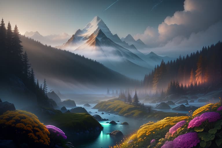  fantastic landscape, another world, mountains, sky, stars, clouds, rocks, plants, gloomy, bright, rich , flowers , alien fairy world , trees, river, water hyperrealistic, full body, detailed clothing, highly detailed, cinematic lighting, stunningly beautiful, intricate, sharp focus, f/1. 8, 85mm, (centered image composition), (professionally color graded), ((bright soft diffused light)), volumetric fog, trending on instagram, trending on tumblr, HDR 4K, 8K