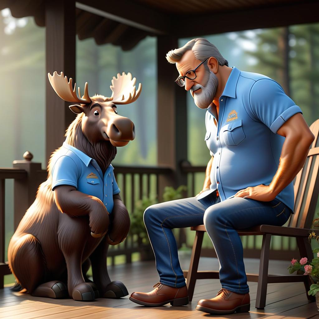  Moose and his grandson moose are sitting on the veranda and discussing travel. The eldest moose with glasses on his nose, the youngest in a blue shirt and jeans, LOGO hyperrealistic, full body, detailed clothing, highly detailed, cinematic lighting, stunningly beautiful, intricate, sharp focus, f/1. 8, 85mm, (centered image composition), (professionally color graded), ((bright soft diffused light)), volumetric fog, trending on instagram, trending on tumblr, HDR 4K, 8K