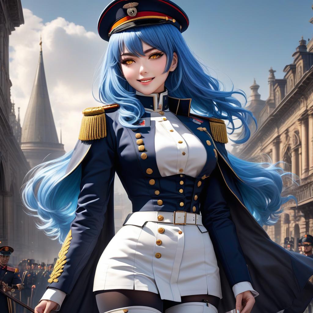  Girl, paladin, (full body), blue hair, bob cut, bright yellow eyes, hourglass figure, fully clothed, military uniform, (ceremonial uniform of the 19th century), white clothes, white cloak, ((leggings)) , over the knee boots, thigh high boots, tight boots, shako hat, (grenadier's hat), belt, choker, epaulettes, awards, looking at viewer, looking down, evil grin, (extremely hyper detailed face), (masterpiece: 1.4), (perfect eyes: 1.1), (perfect hands), 2D, anime, extremely detailed clothes. hyperrealistic, full body, detailed clothing, highly detailed, cinematic lighting, stunningly beautiful, intricate, sharp focus, f/1. 8, 85mm, (centered image composition), (professionally color graded), ((bright soft diffused light)), volumetric fog, trending on instagram, trending on tumblr, HDR 4K, 8K