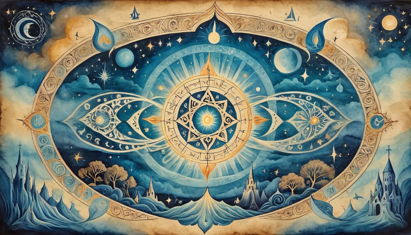  on parchment, surrealism+++, An ethereal scene, nocturnal backdrop, a glowing celestial symbol surrounded by auras of light, intricate patterns suggesting energy waves, mystical, transcendent(mysterious, provocative, symbolic,muted color)+++