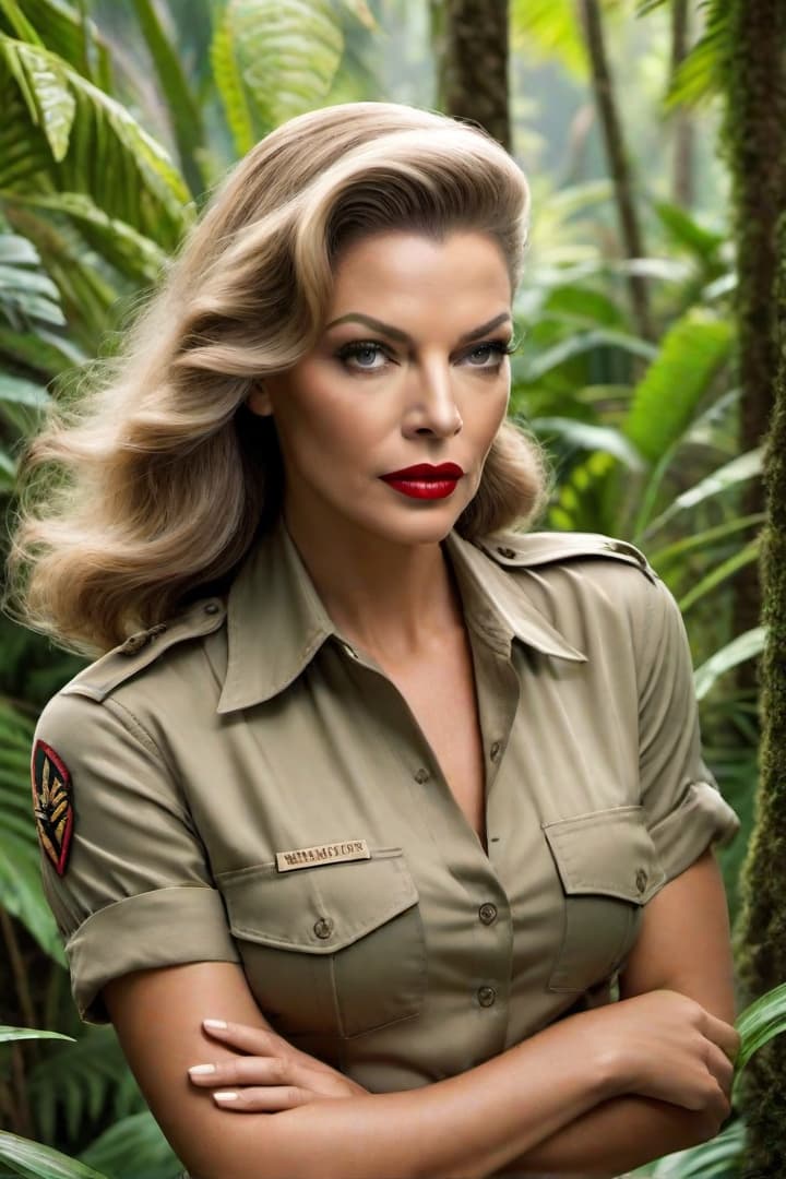  1940s era female explorer ,Lauren Bacall, wearing khaki shorts and short sleeve khaki shirt with khaki knee socks , sinking h the jungle swamp up to her chest hyperrealistic, full body, detailed clothing, highly detailed, cinematic lighting, stunningly beautiful, intricate, sharp focus, f/1. 8, 85mm, (centered image composition), (professionally color graded), ((bright soft diffused light)), volumetric fog, trending on instagram, trending on tumblr, HDR 4K, 8K