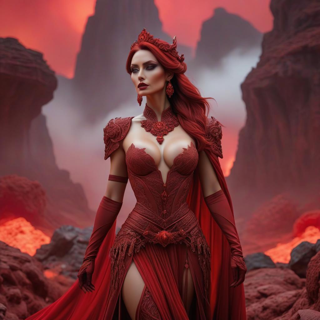  landscape in red tones, the underworld of Hades, the kingdom of the dead hyperrealistic, full body, detailed clothing, highly detailed, cinematic lighting, stunningly beautiful, intricate, sharp focus, f/1. 8, 85mm, (centered image composition), (professionally color graded), ((bright soft diffused light)), volumetric fog, trending on instagram, trending on tumblr, HDR 4K, 8K