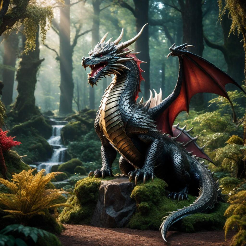  A majestic and powerful dragon king sitting on a throne in a mystical forest surrounded by sparkling gems. hyperrealistic, full body, detailed clothing, highly detailed, cinematic lighting, stunningly beautiful, intricate, sharp focus, f/1. 8, 85mm, (centered image composition), (professionally color graded), ((bright soft diffused light)), volumetric fog, trending on instagram, trending on tumblr, HDR 4K, 8K