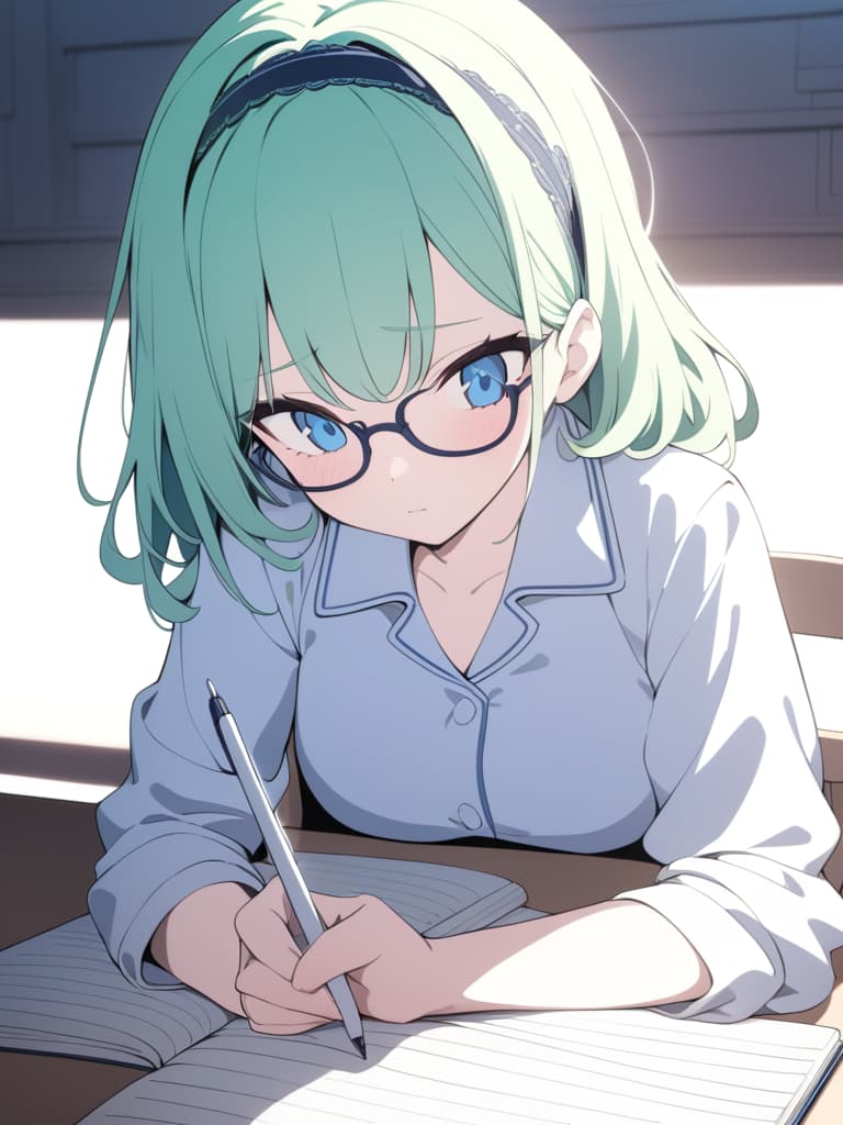  ((gles,eye wear,studying,hairband)),worried expression,exam candidate,green hair,blue eyes,chin resting on hand,pajamas,cute,beautiful girl,beautiful,desk,studying at desk,((studying,studying,high quality,notebook,holding writing utensil,right handed))、ultra detailed,best shadow,cute and beautiful face,(masterpiece:1.2),(best quality:1.2),detailed background,high contrast,(best illumination,an extremely delicate and beautiful),((cinematic light)),hyper detail,dramatic light,intricate details,8k,anime,very aesthetic, masterpiece, best quality,8k,ultra detailed,high resolution,an extremely delicate and beautiful,hyper detail