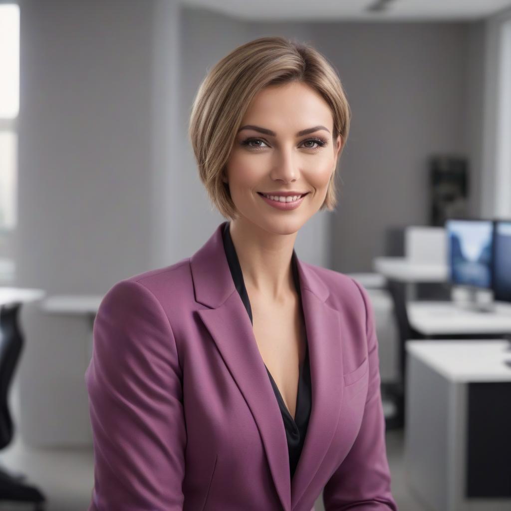  manager with Slavic facial features, dark blond, age 26, with short hair and small plump faces, in a red violet jacket in her office against the backdrop of a white office space in front, looking at the camera, friendly smile, confident teeth hyperrealistic, full body, detailed clothing, highly detailed, cinematic lighting, stunningly beautiful, intricate, sharp focus, f/1. 8, 85mm, (centered image composition), (professionally color graded), ((bright soft diffused light)), volumetric fog, trending on instagram, trending on tumblr, HDR 4K, 8K