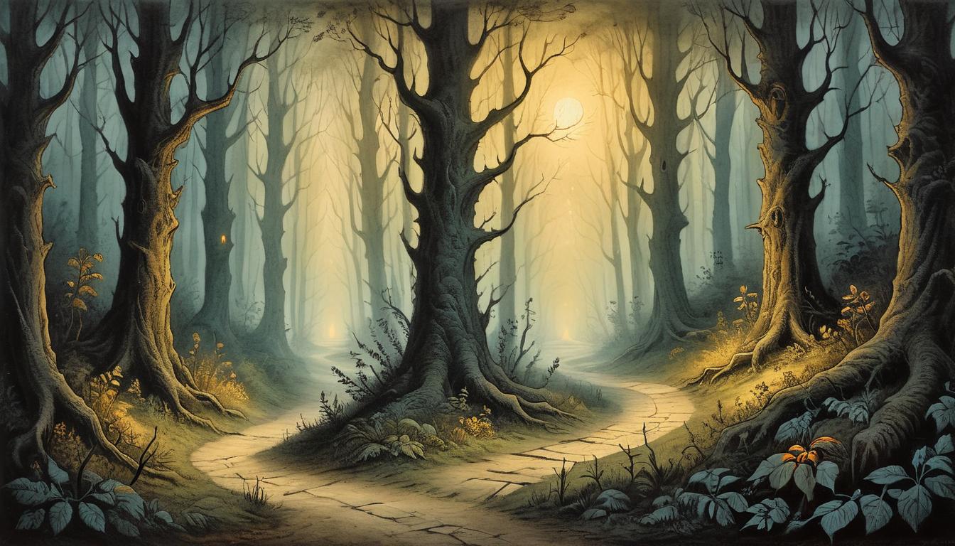  on parchment, surrealism+++, A forked path in a dense forest, one path glowing with warm light, another shrouded in darkness, anticipation, choice, urgency(mysterious, provocative, symbolic,muted color)+++