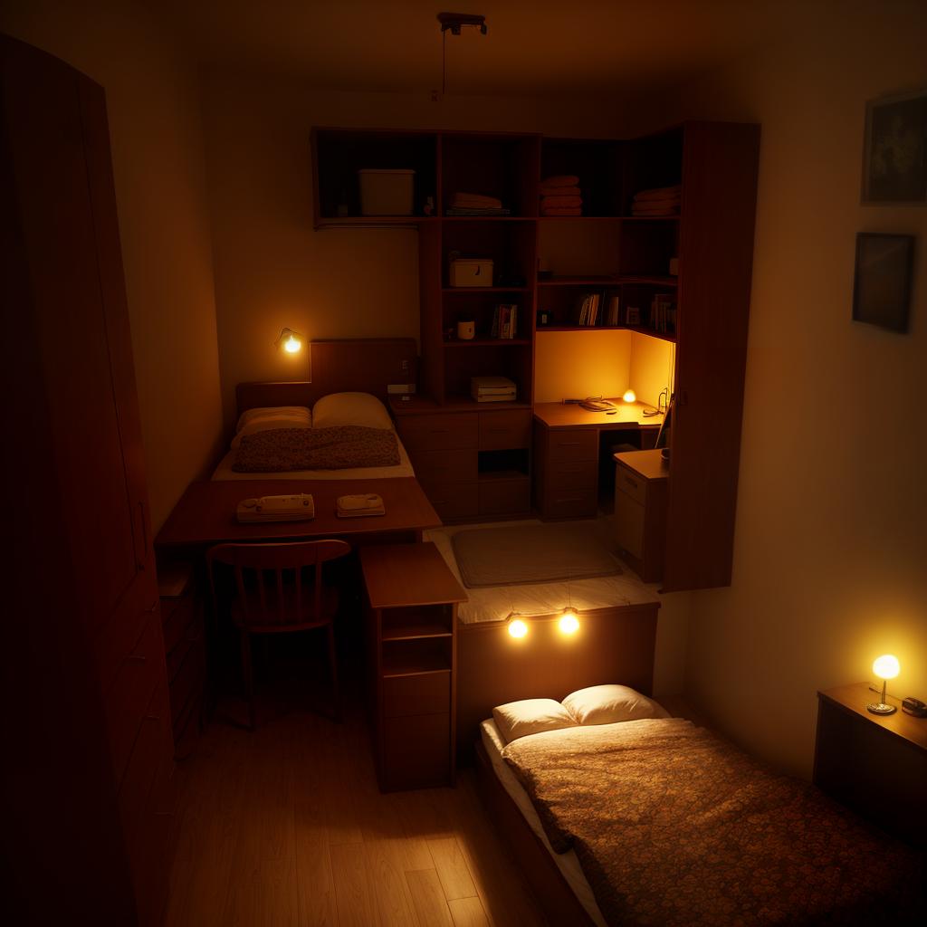  old , dark and small room with only an bed, and a small light on a small desk next to my bed and a wardrobe