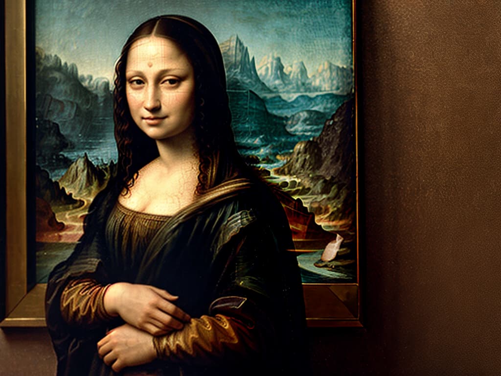  Mona Lisa painting, hyperrealistic, full body, detailed clothing, highly detailed, cinematic lighting, stunningly beautiful, intricate, sharp focus, f/1. 8, 85mm, (centered image composition), (professionally color graded), ((bright soft diffused light)), volumetric fog, trending on instagram, trending on tumblr, HDR 4K, 8K