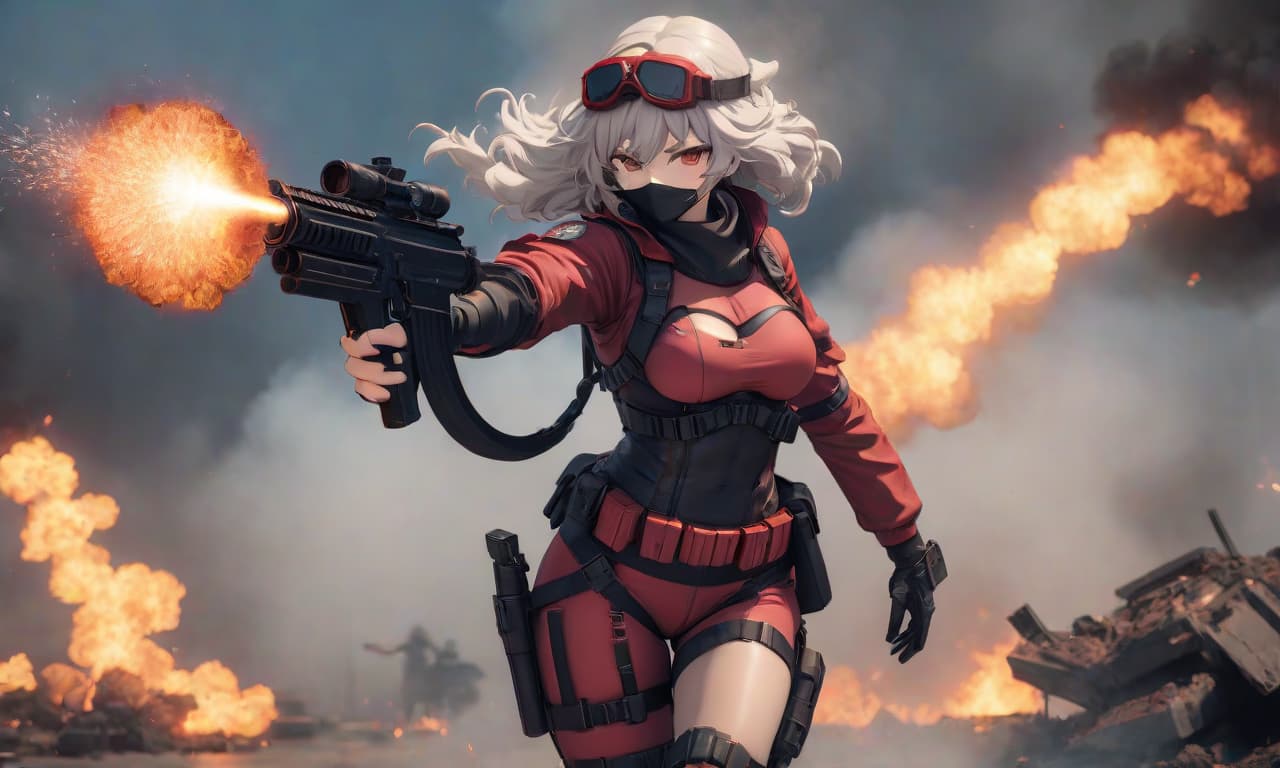  Anime girl JUSTICE from the game HELLTAKER wildly smiles, in tactical gear, JPC body armor, and OPS CORE helmet shoots an AKS 74U. There are a lot of smoke, ash, and explosions around. hyperrealistic, full body, detailed clothing, highly detailed, cinematic lighting, stunningly beautiful, intricate, sharp focus, f/1. 8, 85mm, (centered image composition), (professionally color graded), ((bright soft diffused light)), volumetric fog, trending on instagram, trending on tumblr, HDR 4K, 8K